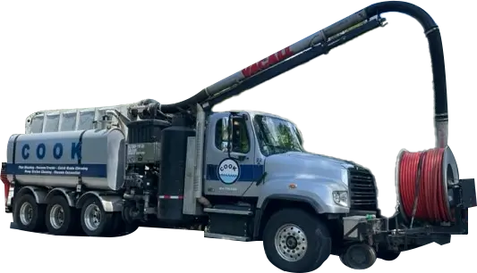Cook vacuum truck equipped for hydro excavation and sewer cleaning