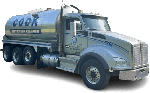 Silver septic tank cleaning truck with "COOK" branding