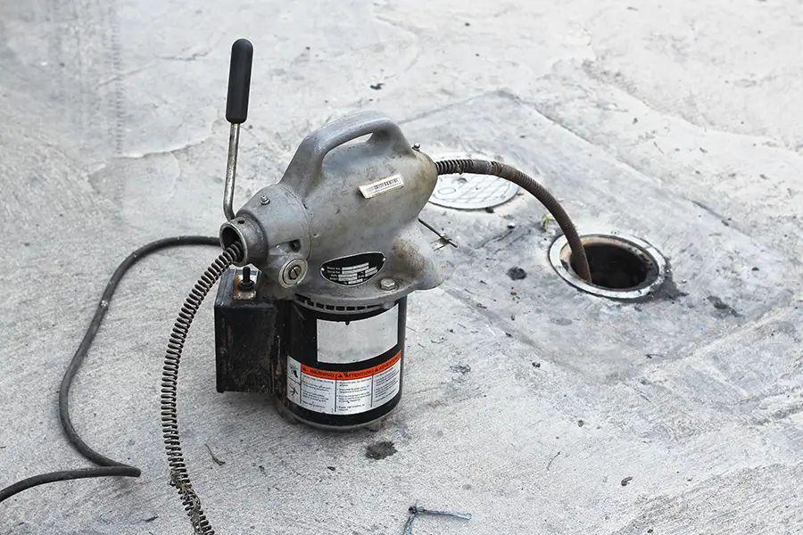 Drain cleaner hose inserted into a drain